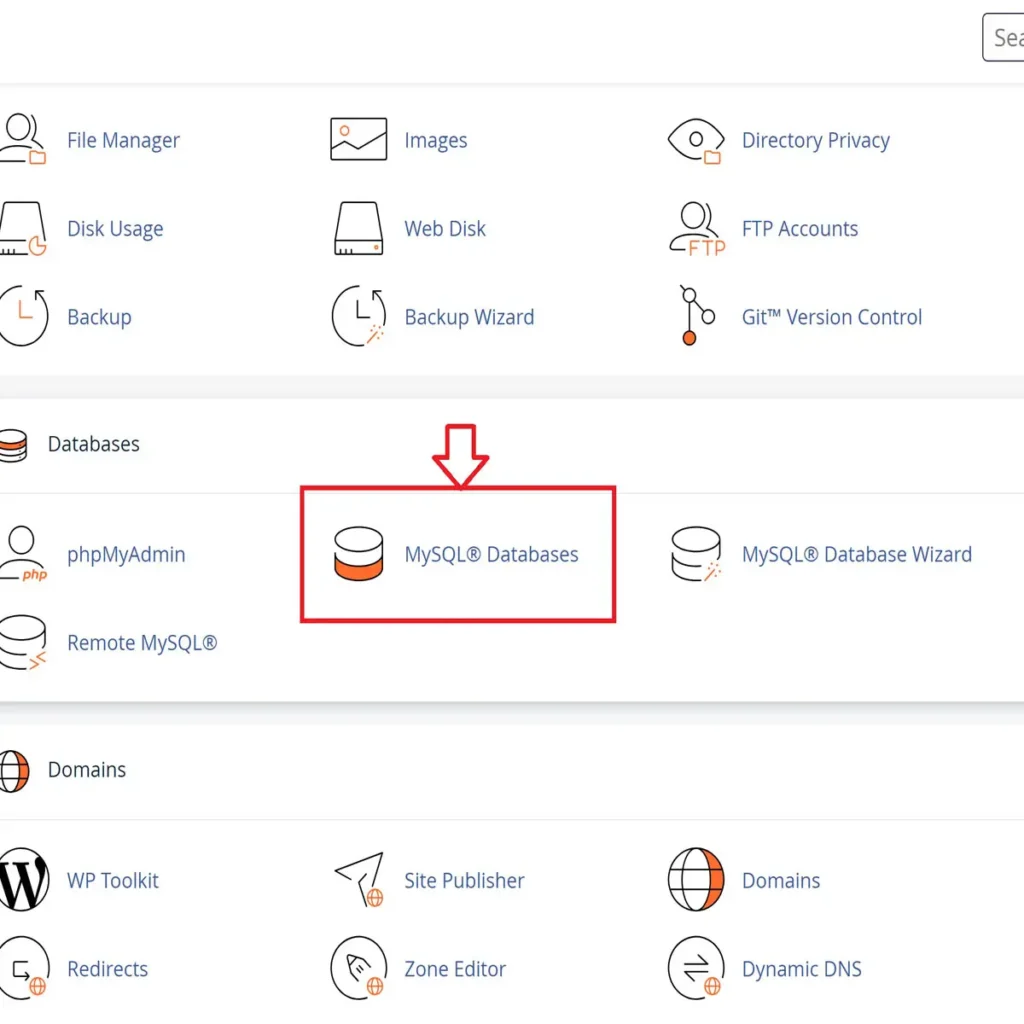 انتخاب بخش MySQL Databases